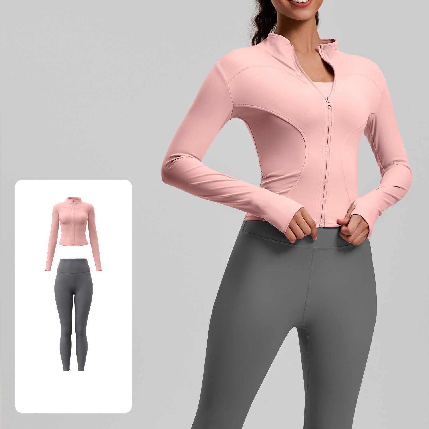 Women Zip Up Long Sleeve Yoga Two Piece Set Top 10 Colors Pants 10 Colors, Stand Collar Slim Fit Jacket + High Waist Tight Fitness Leggings, YFMTWT01+YFMT20