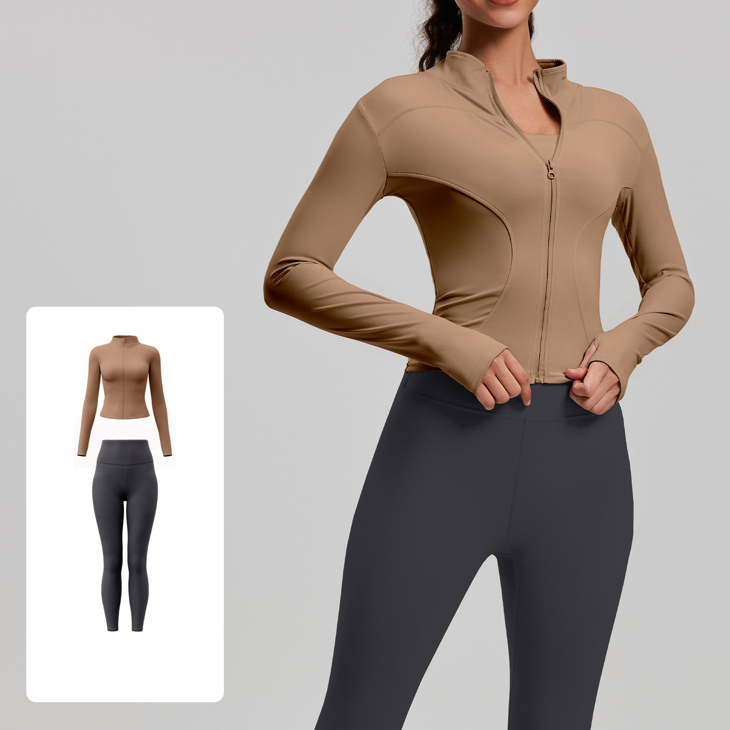 Women Zip Up Long Sleeve Yoga Two Piece Set Top 10 Colors Pants 10 Colors, Stand Collar Slim Fit Jacket + High Waist Tight Fitness Leggings, YFMTWT01+YFMT20