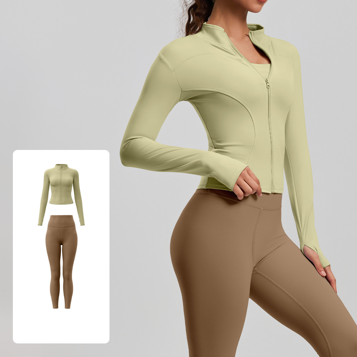 Women Zip Up Long Sleeve Yoga Two Piece Set Top 10 Colors Pants 10 Colors, Stand Collar Slim Fit Jacket + High Waist Tight Fitness Leggings, YFMTWT01+YFMT20