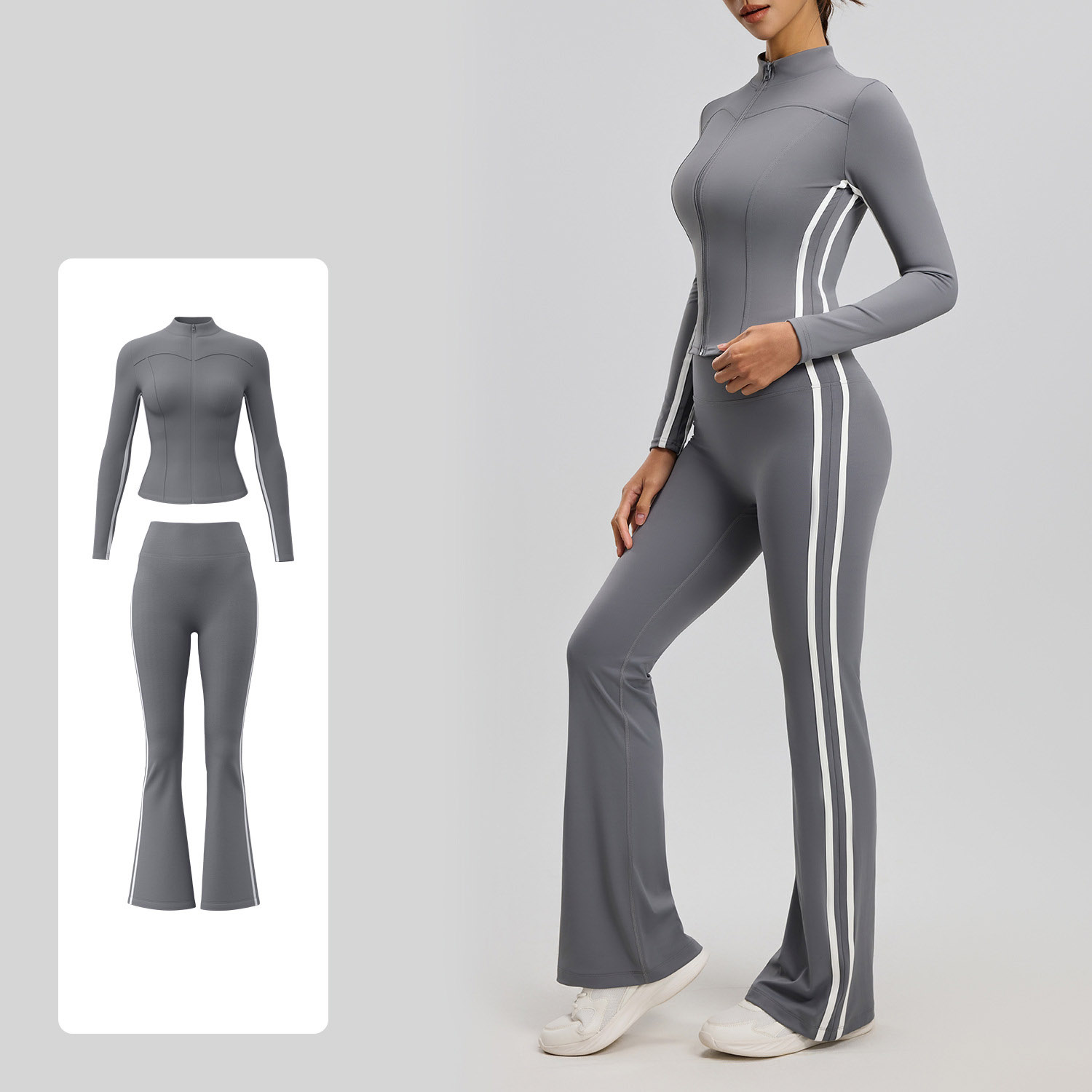 Naked Soft Fitness Two Piece Set, Side Stripe Zip Up Long Sleeve Training Outfit Top 4 Colors Pants 4 Colors, Tummy Control High Waist Integrated Sport Suit, YFJYMW189+YFJYMK148