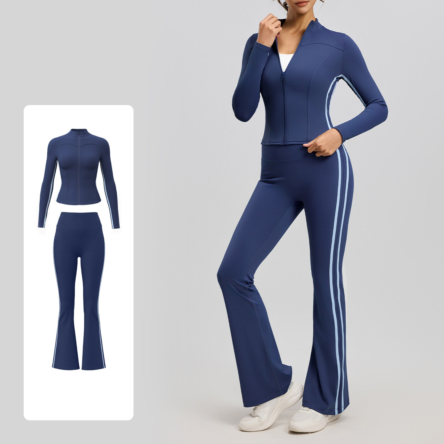Naked Soft Fitness Two Piece Set, Side Stripe Zip Up Long Sleeve Training Outfit Top 4 Colors Pants 4 Colors, Tummy Control High Waist Integrated Sport Suit, YFJYMW189+YFJYMK148