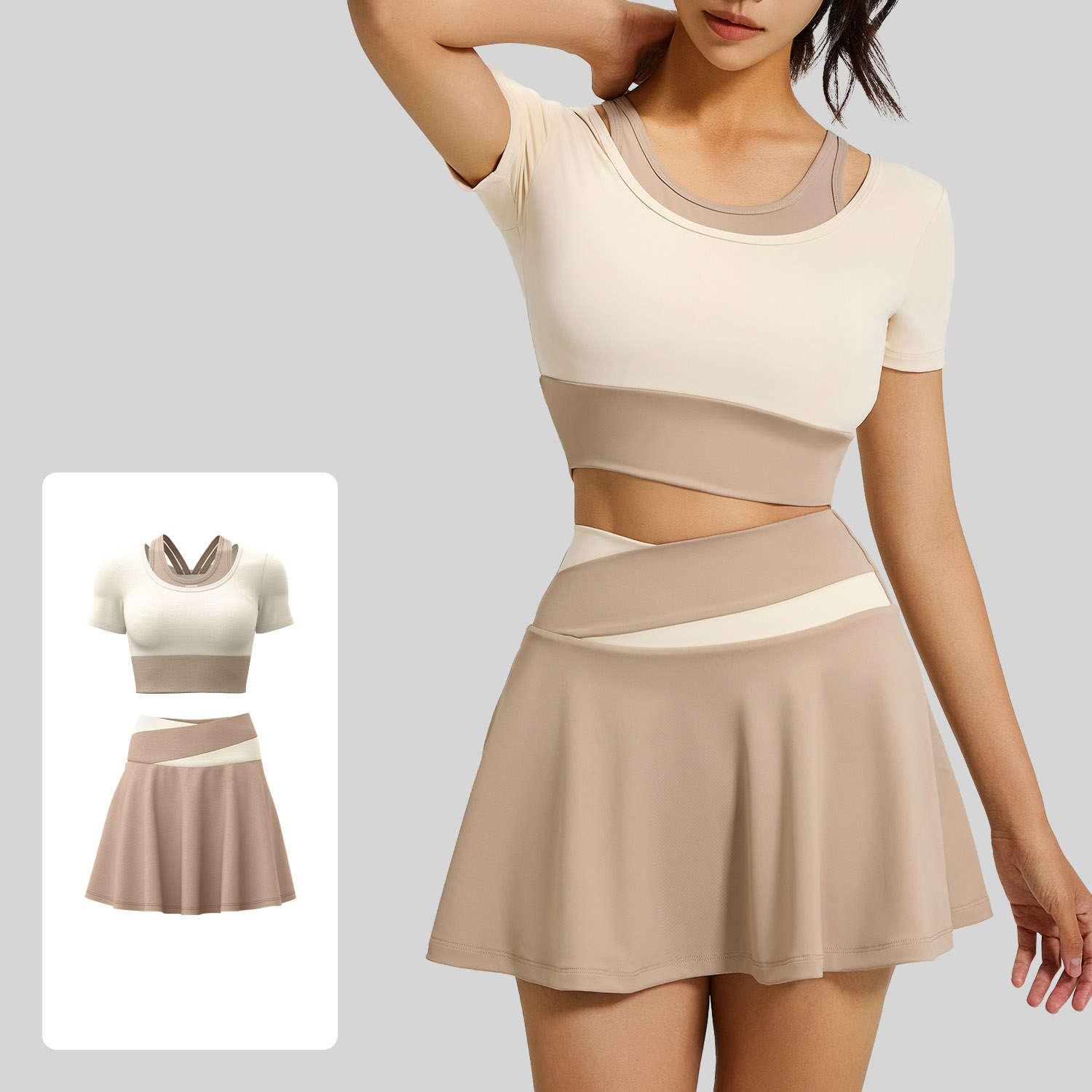 Daily Casual Matching Sport Set, Fake Two Layer Short Sleeve Tennis Skirt Two Piece Suit Top 4 Colors Skirt 4 Colors, Slim Fit Yoga Athleisure Outfit, YFJYMD035+YFJYMQ005