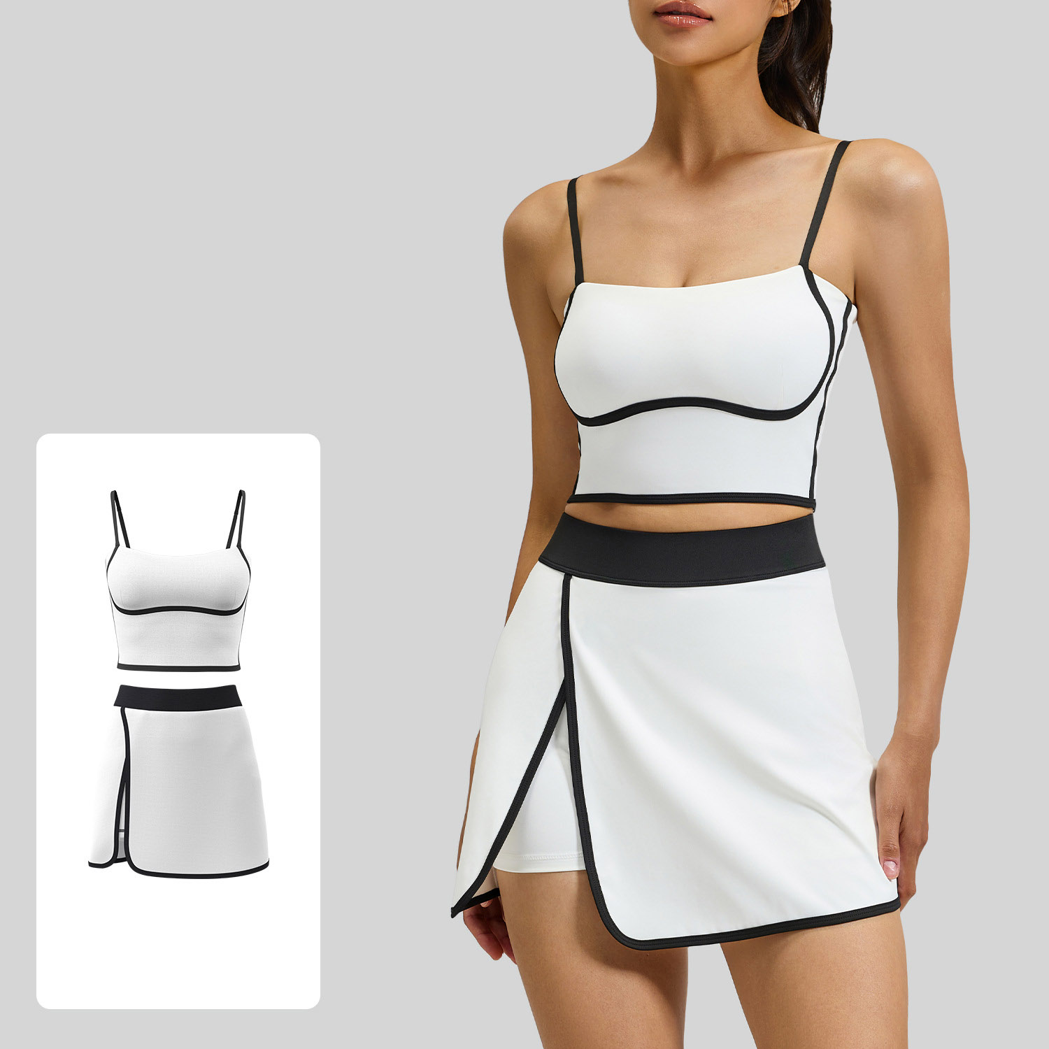 Women Contrast Trim Cami Yoga 2Pcs Set Top 4 Colors Tennis Skirt 4 Colors, YFJYMN180+YFJYMQ069