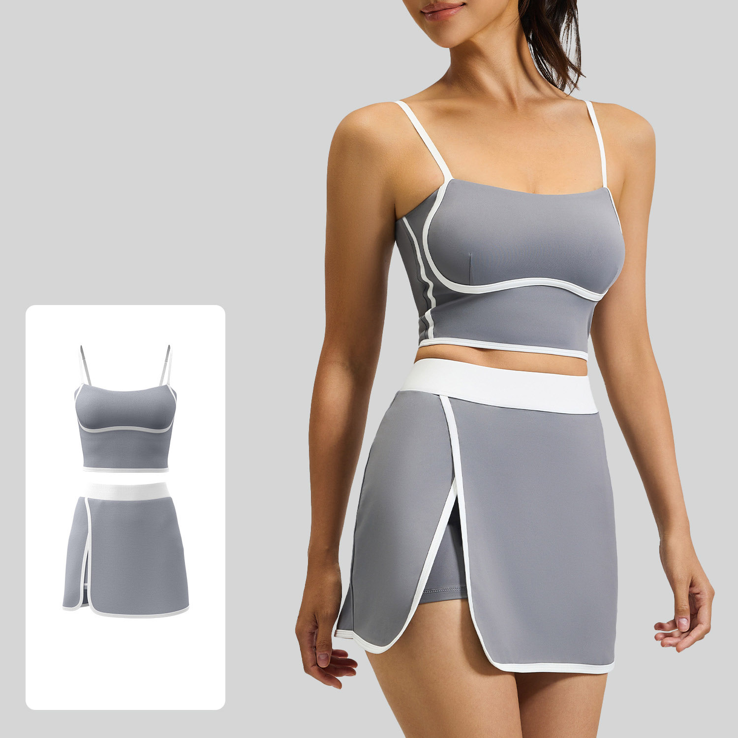 Women Contrast Trim Cami Yoga 2Pcs Set Top 4 Colors Tennis Skirt 4 Colors, YFJYMN180+YFJYMQ069