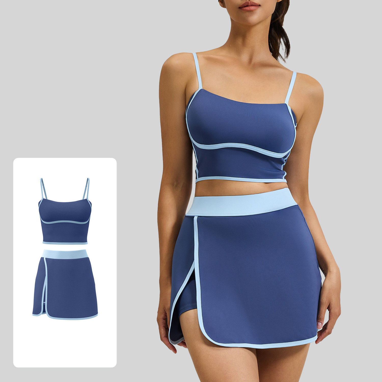 Women Contrast Trim Cami Yoga 2Pcs Set Top 4 Colors Tennis Skirt 4 Colors, YFJYMN180+YFJYMQ069