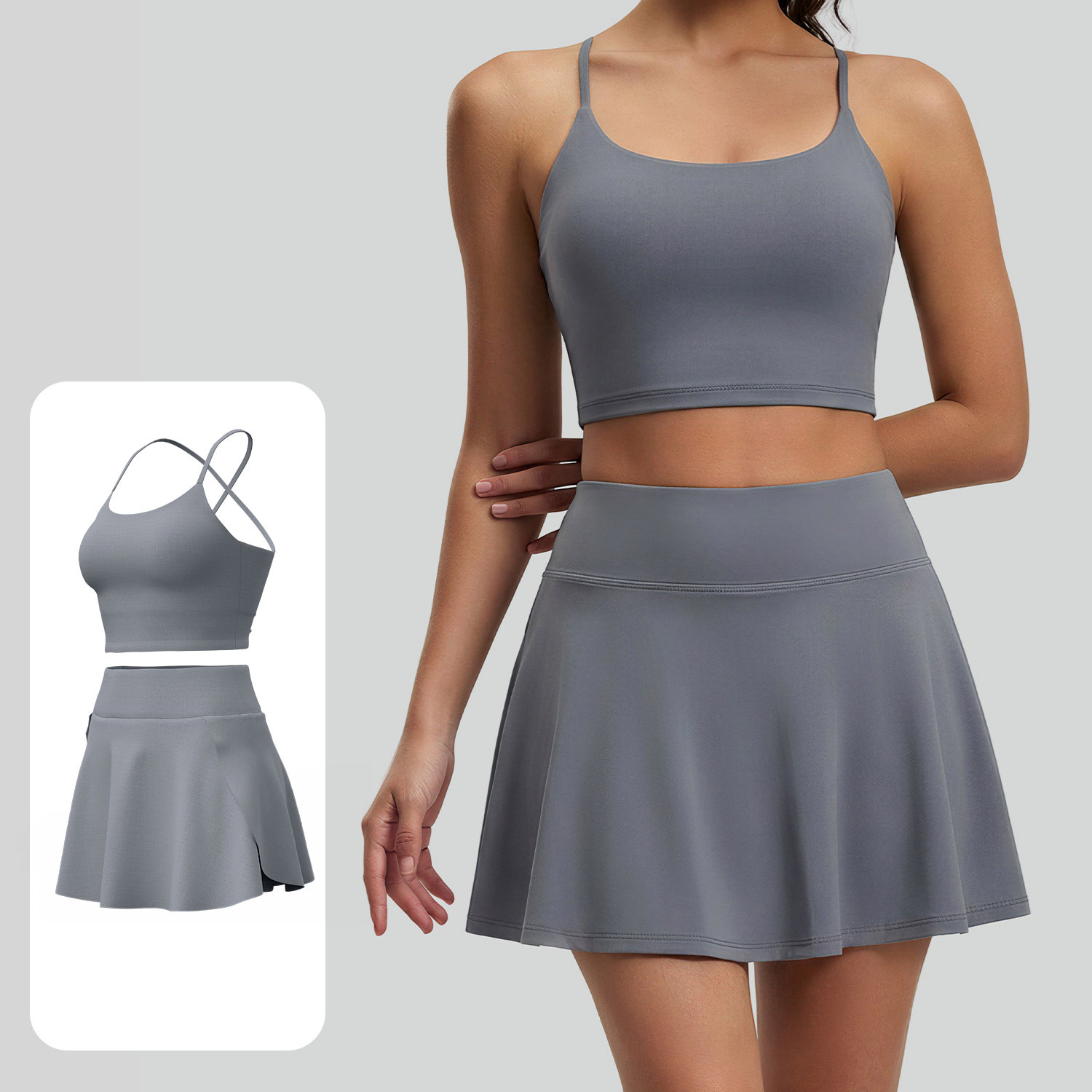 Women Crisscross Back Cami Yoga 2Pcs Set Top 5 Colors Tennis Skirt 5 Colors, YFJYMN236+YFJYMQ089
