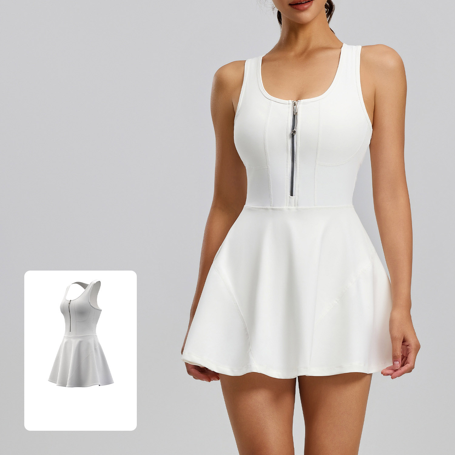 Women Sleeveless Front Zip One Piece Tennis Dress 4 Colors, U Neck Built-in Fixed Chest Pad High Waist Skort Jumpsuit, YFJYMQ041