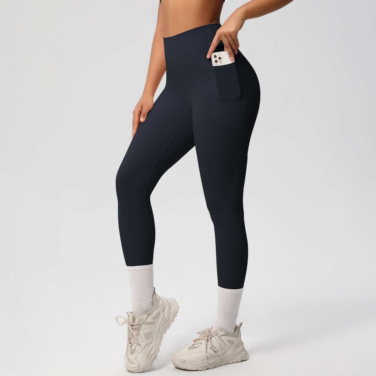 Women High Waist Side Pocket Double Sided Brushed Nude Soft 9/10 Yoga Leggings 10 Colors, 80% Nylon 20% Spandex Tummy Control Slim Running Fitness Pants, YFYS7108