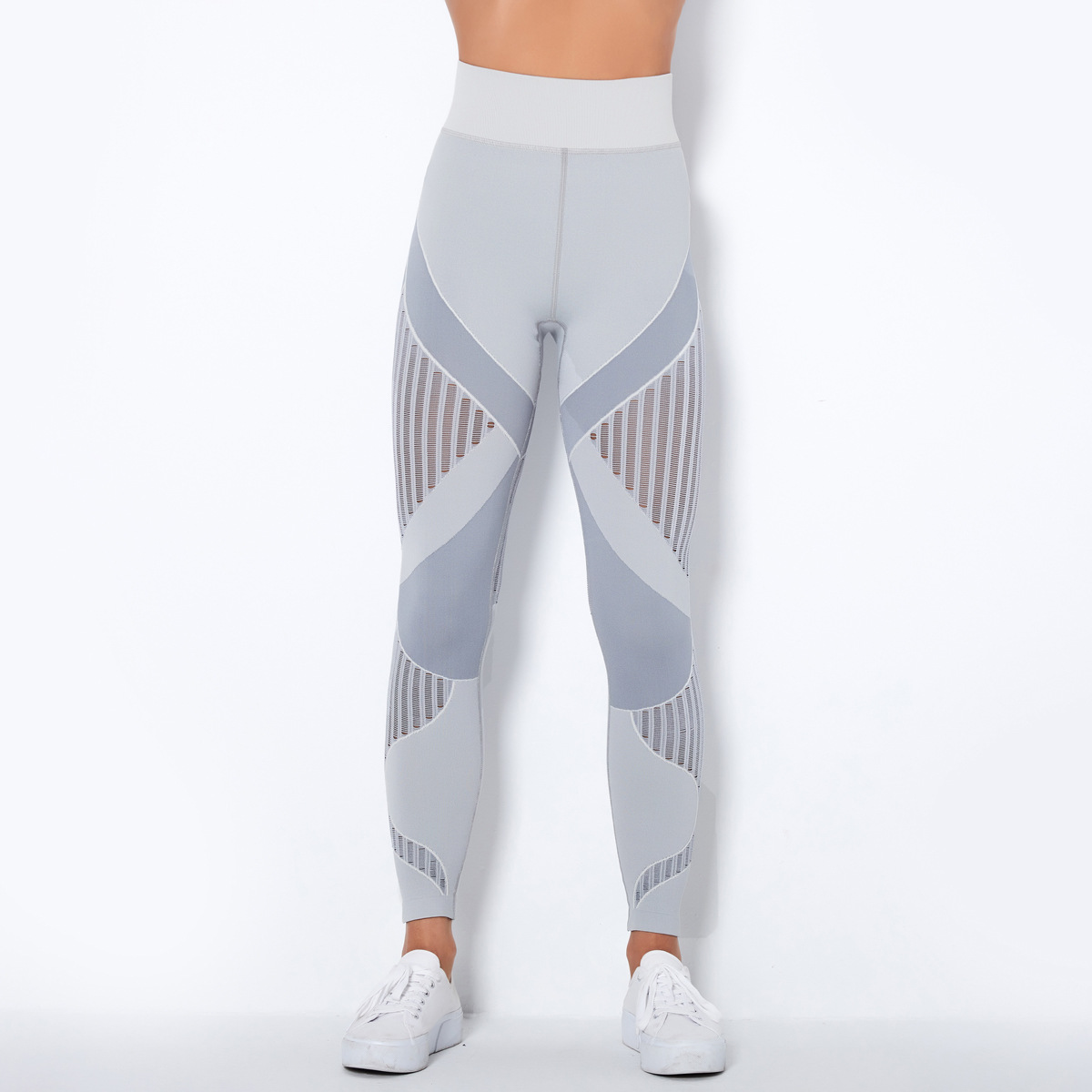Medium Support Gym Leggings 10 Colors, High Rise Anti Roll Waist Geometric Striped Seamless Hip Lifting Slim Fit Athletic Training Pants, YFYS6301