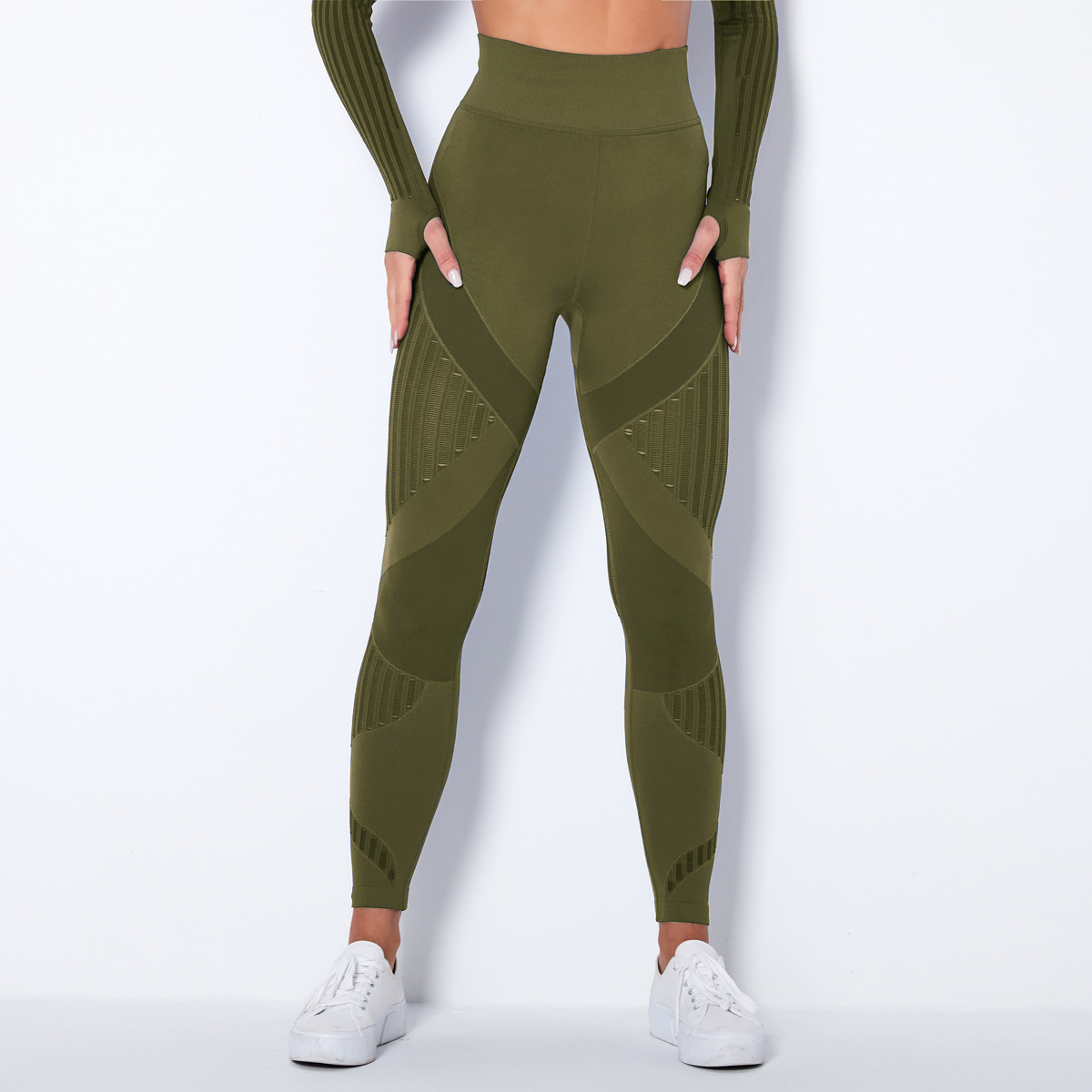 Medium Support Gym Leggings 10 Colors, High Rise Anti Roll Waist Geometric Striped Seamless Hip Lifting Slim Fit Athletic Training Pants, YFYS6301