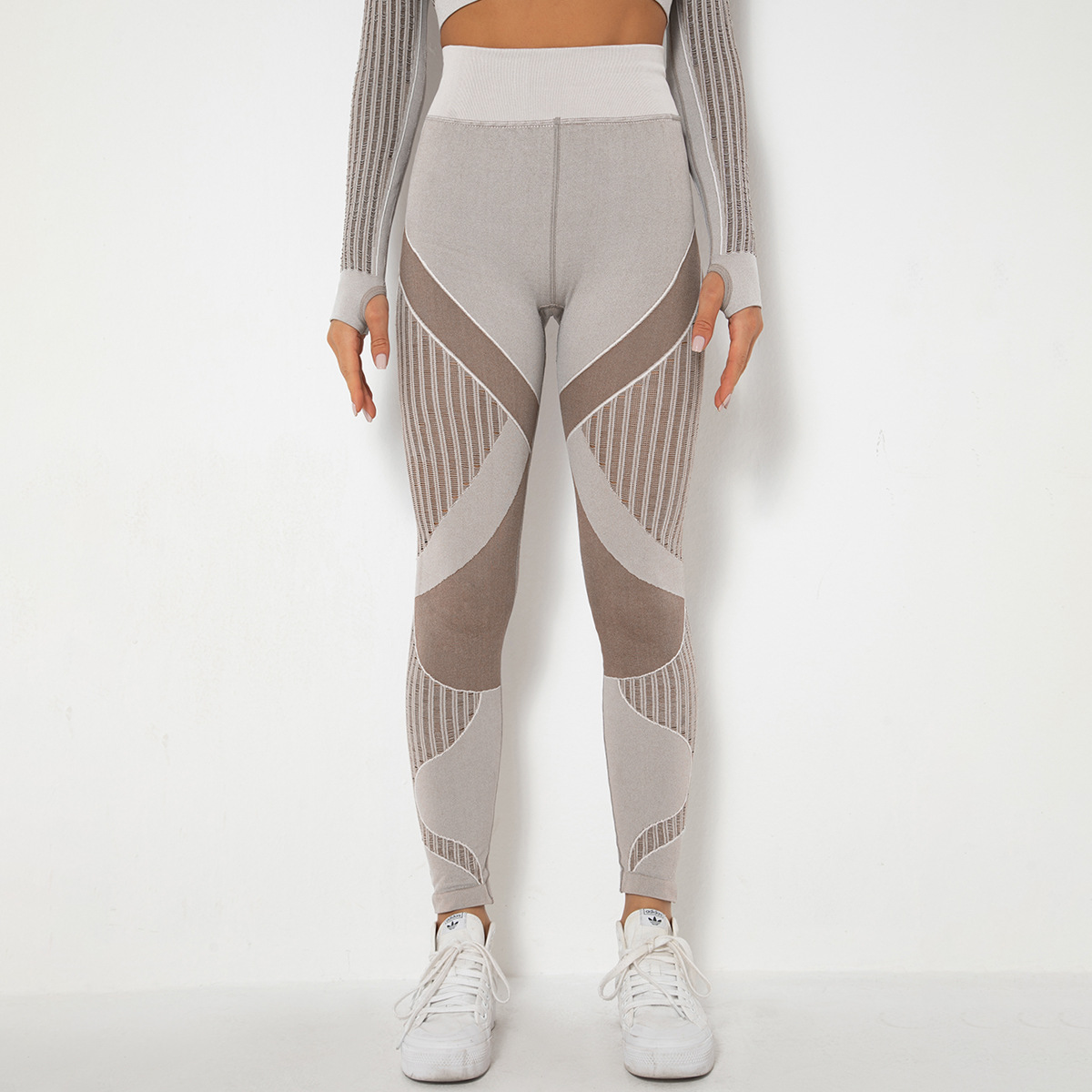 Medium Support Gym Leggings 10 Colors, High Rise Anti Roll Waist Geometric Striped Seamless Hip Lifting Slim Fit Athletic Training Pants, YFYS6301