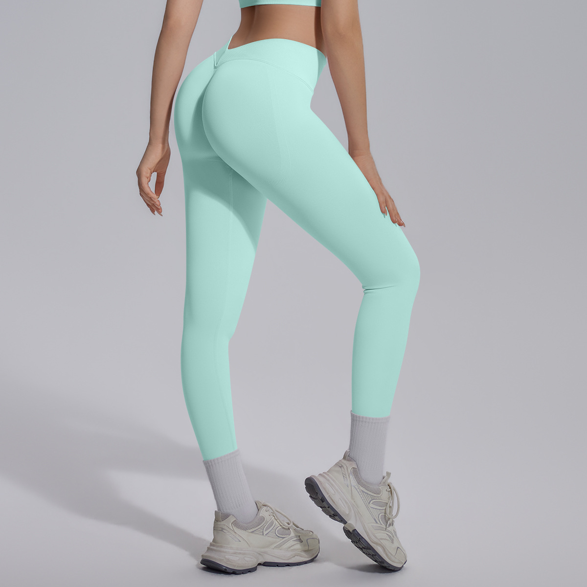 Women V Waist Seamless Knit Solid Peach Butt 9/10 Yoga Leggings 8 Colors, 90% Nylon 10% Spandex Tummy Control Slim Running Fitness Pants, YFYS6718