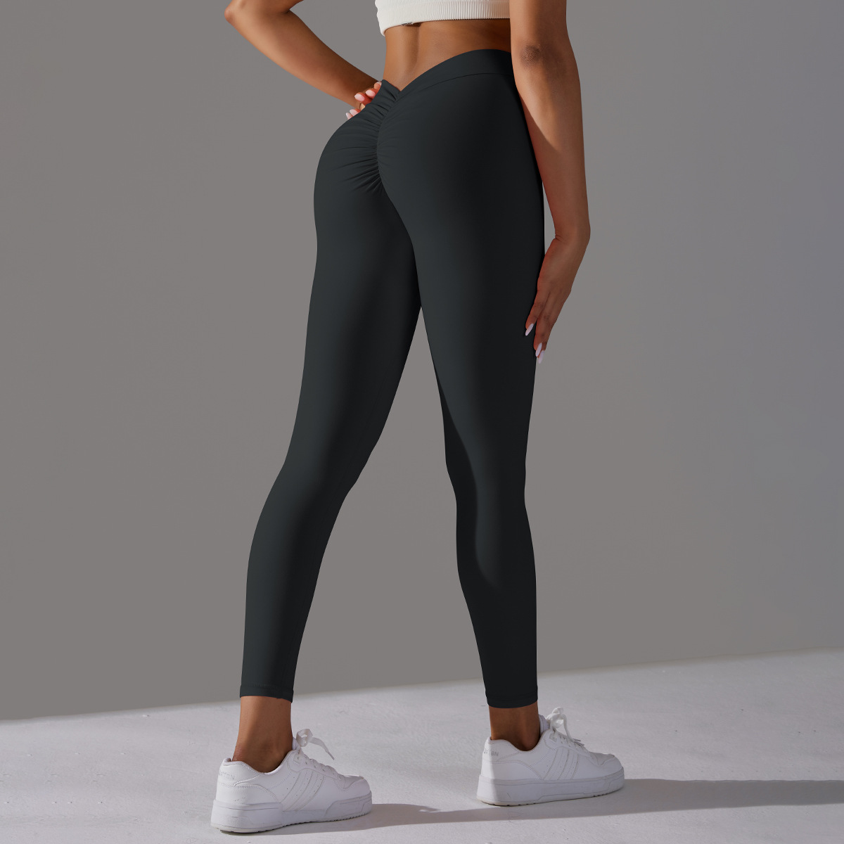 Women V Cut Ruched Butt Double Sided Brushed Nude Soft 9/10 Yoga Leggings 10 Colors, 75% Nylon 25% Spandex Tummy Control Slim Running Fitness Pants, YFYS6626