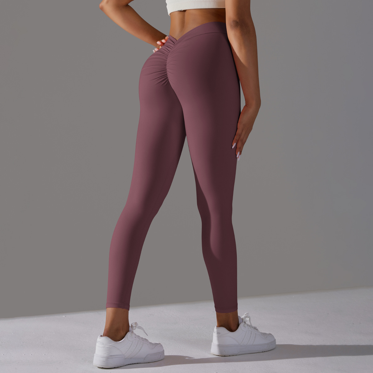 Women V Cut Ruched Butt Double Sided Brushed Nude Soft 9/10 Yoga Leggings 10 Colors, 75% Nylon 25% Spandex Tummy Control Slim Running Fitness Pants, YFYS6626