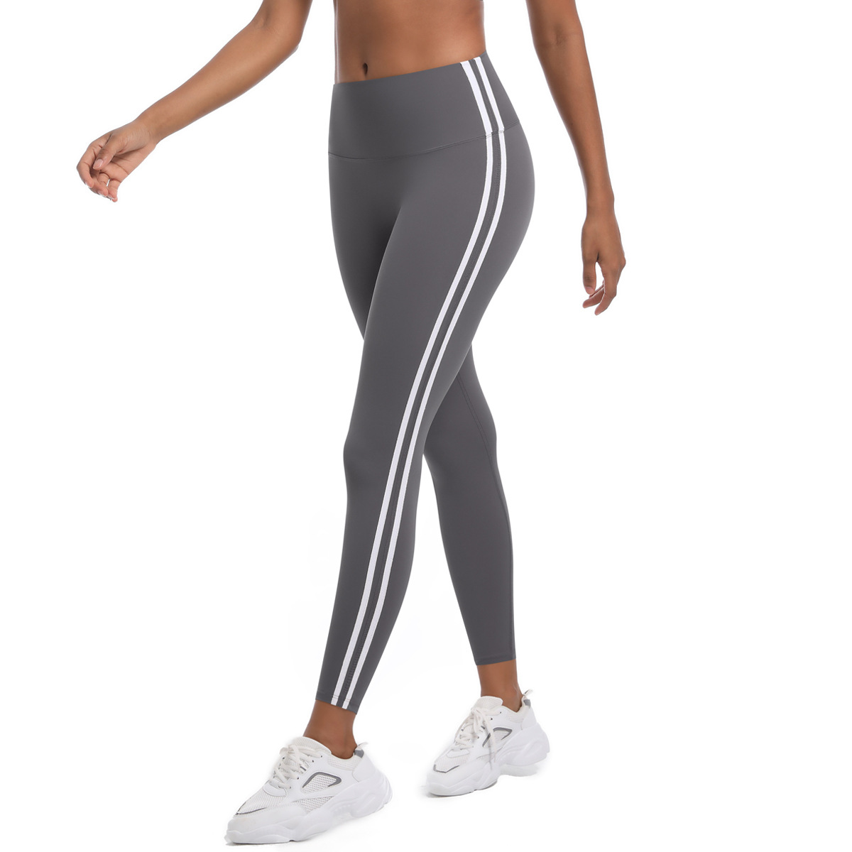Women High Waist Dual Side White Striped Peach Butt 9/10 Yoga Leggings 5 Colors, 75% Nylon 25% Spandex Tummy Control Slim Running Fitness Pants, YFYS6683