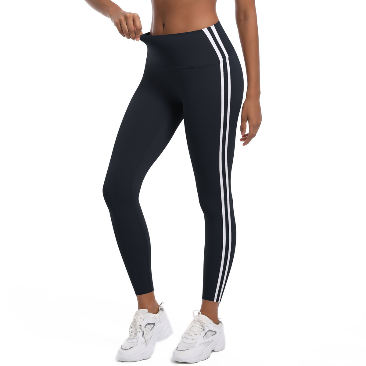 Women High Waist Dual Side White Striped Peach Butt 9/10 Yoga Leggings 5 Colors, 75% Nylon 25% Spandex Tummy Control Slim Running Fitness Pants, YFYS6683