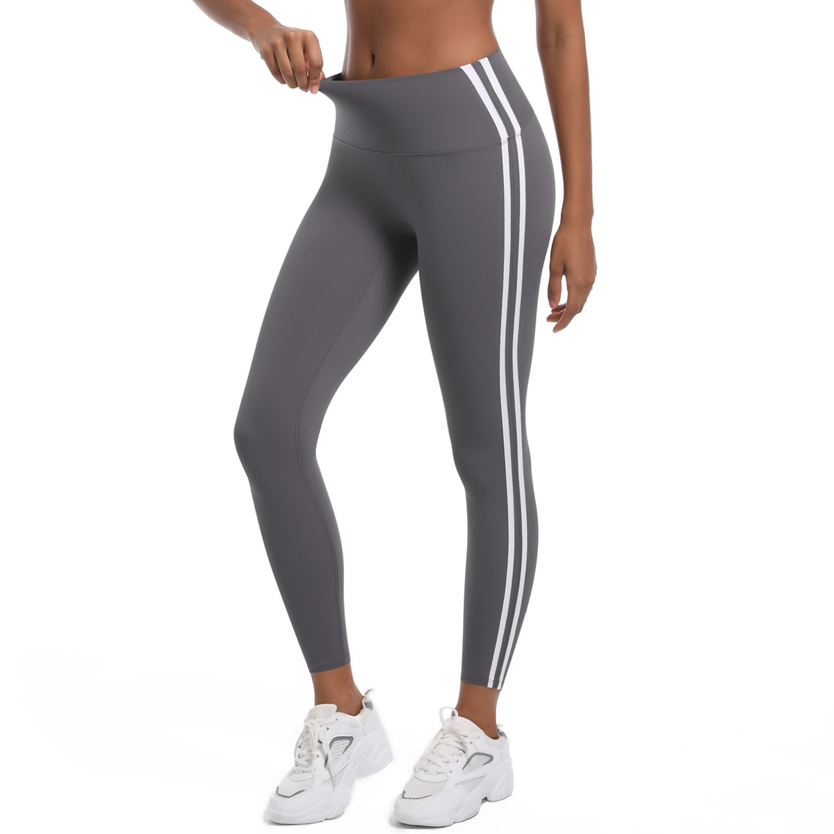 Women High Waist Dual Side White Striped Peach Butt 9/10 Yoga Leggings 5 Colors, 75% Nylon 25% Spandex Tummy Control Slim Running Fitness Pants, YFYS6683