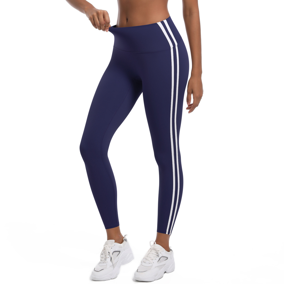 Women High Waist Dual Side White Striped Peach Butt 9/10 Yoga Leggings 5 Colors, 75% Nylon 25% Spandex Tummy Control Slim Running Fitness Pants, YFYS6683