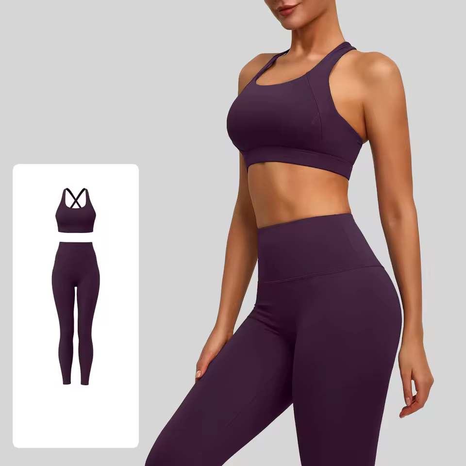 Oem Activewear Leggings Manufacturer Sexy Cross Back Strap Sports Gym Bra Workout Fitness Yoga Bras Solid 2-Piece Set